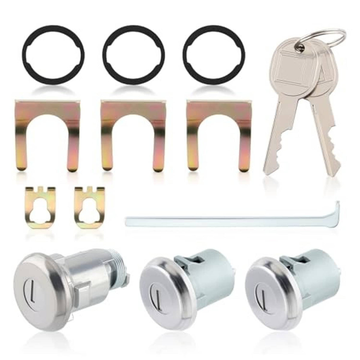 Door lock cylinder set with three cylinders, keys, key plate, and mounting hardware