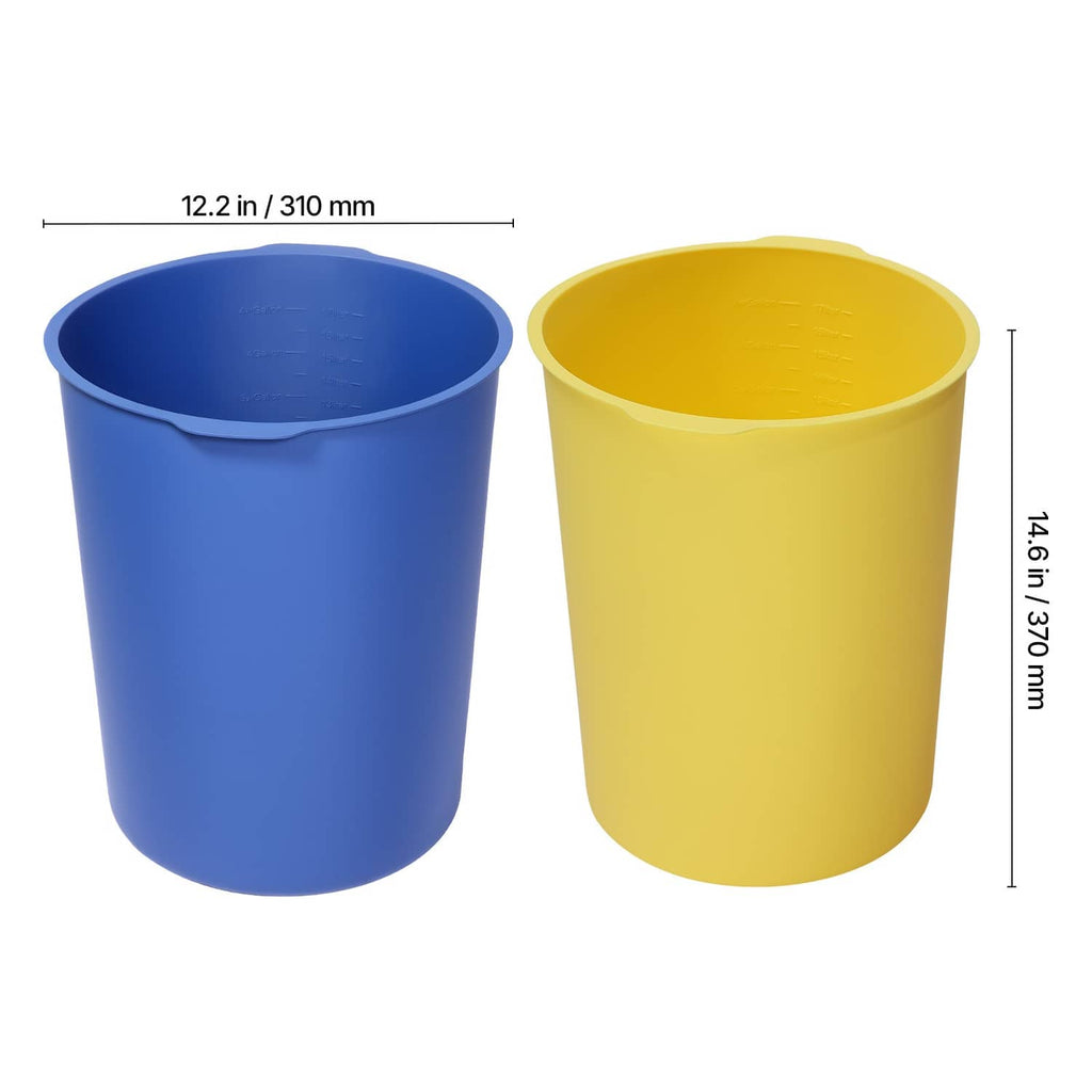Two-piece silicone liner set: blue and yellow buckets with height and width guides