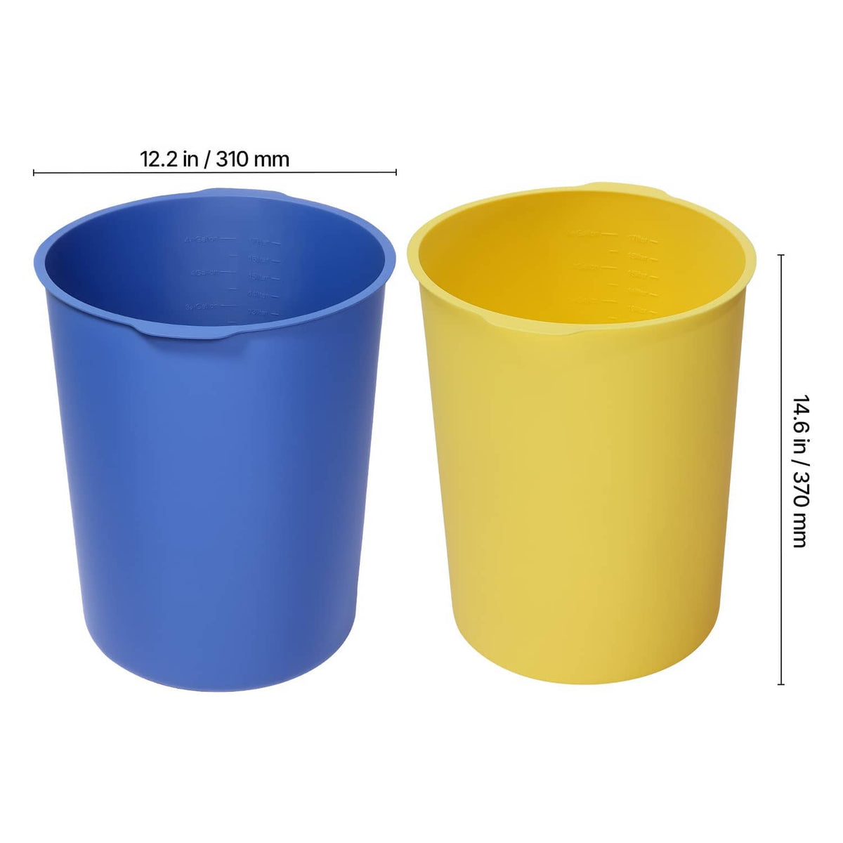 Two-piece silicone liner set: blue and yellow buckets with height and width guides
