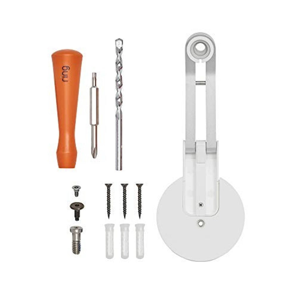 White mounting bracket kit with round base, orange driver, and screw set