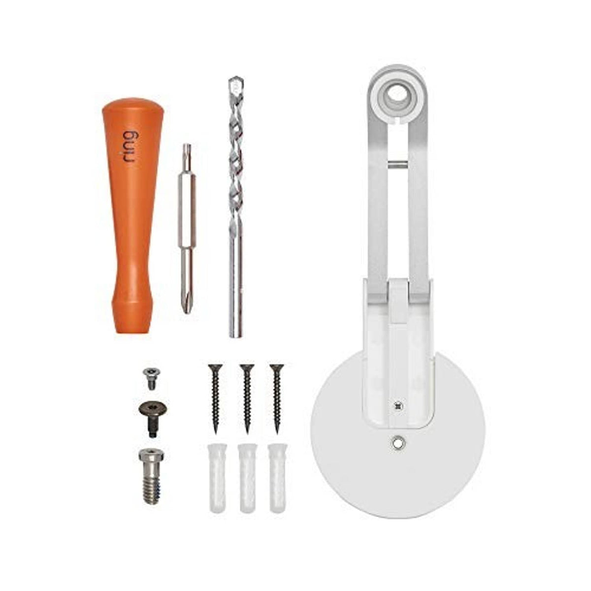 White mounting bracket kit with round base, orange driver, and screw set