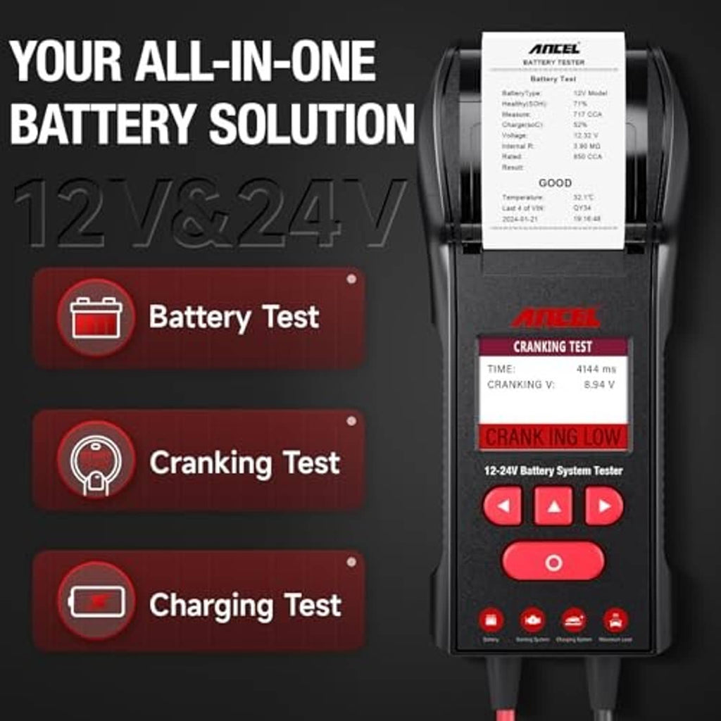 12V/24V automotive battery tester with built-in printer display panel