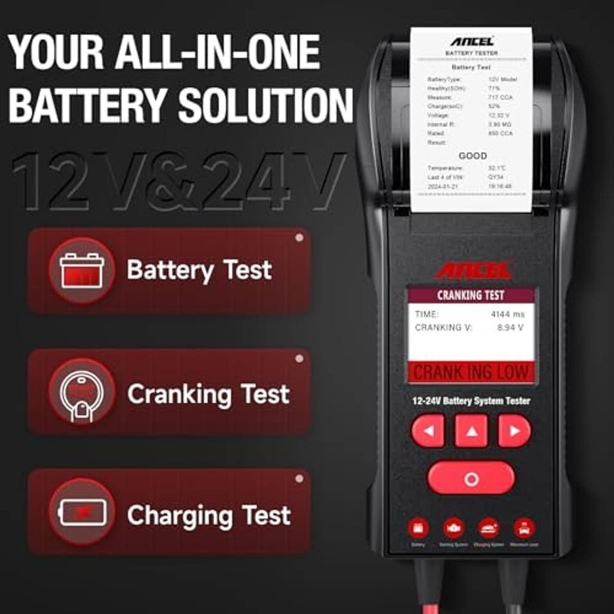 12V/24V automotive battery tester with built-in printer display panel