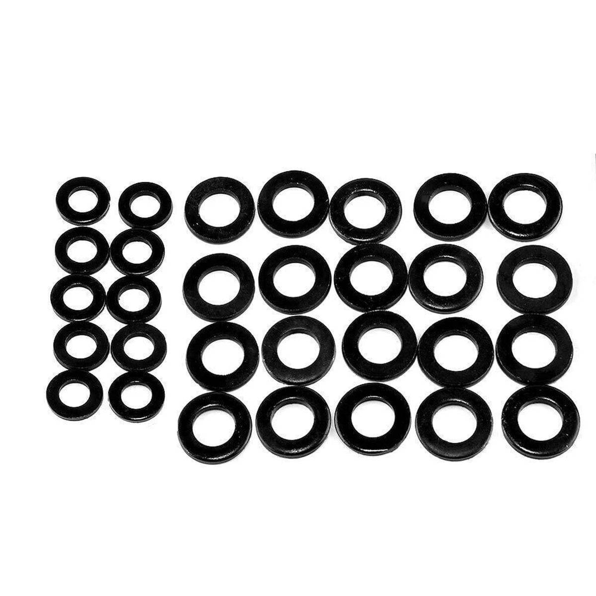 Black washer assortment with multiple round washers for head stud bolt installation