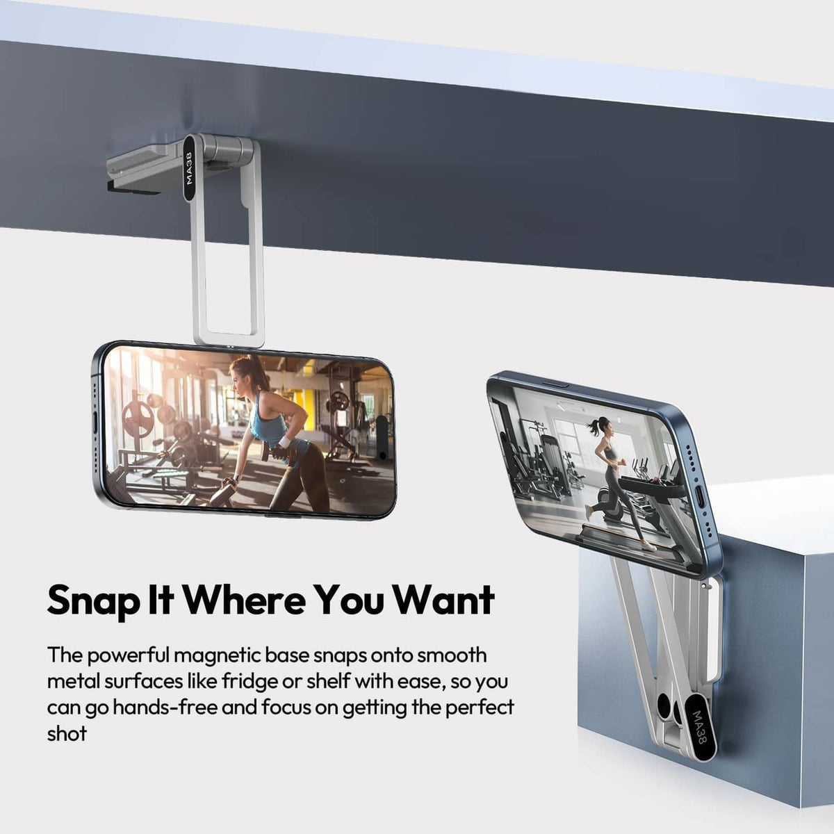 Magnetic phone tripod snapped to a metal surface, with smartphone on an adjustable arm
