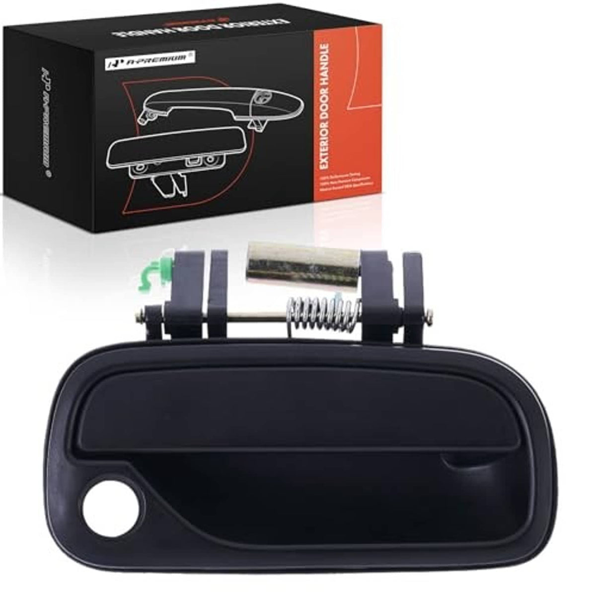 Front right exterior door handle in dark textured black, front view with hardware