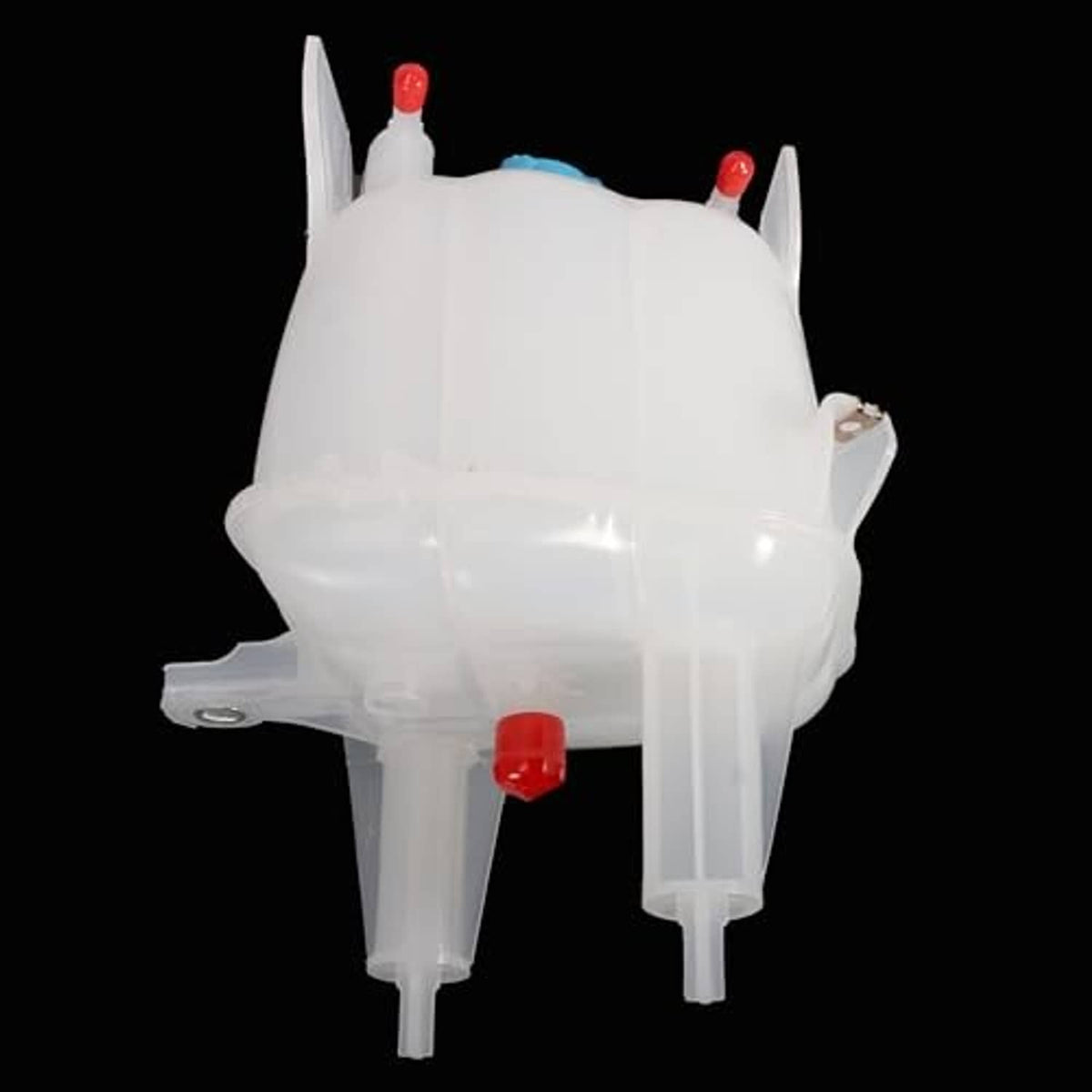 Engine coolant reservoir, white plastic assembly with blue cap and red top spout