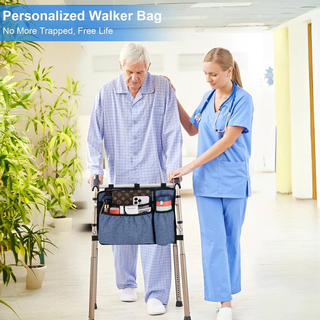 Blue denim walker bag with cup holder and multi-pocket storage, attached to walker