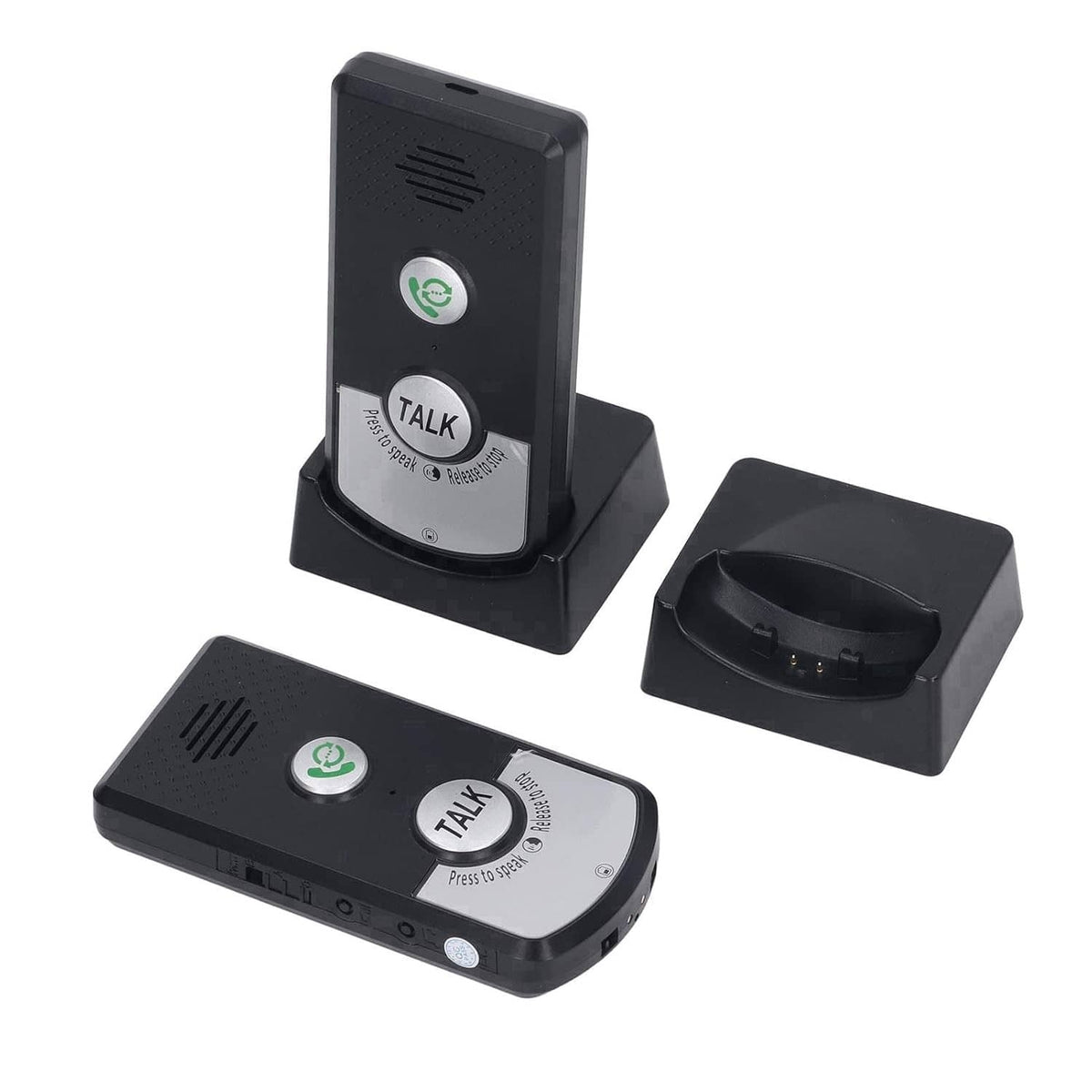 Black wireless intercom pager with two charging docks and cradle, front and side views
