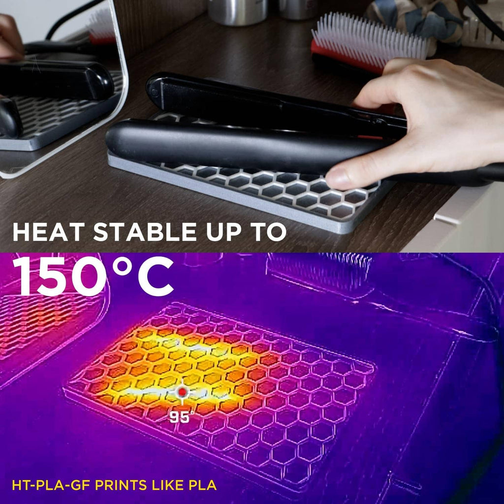 Heated printer bed showing a honeycomb pattern from heat-stable 3D printing filament