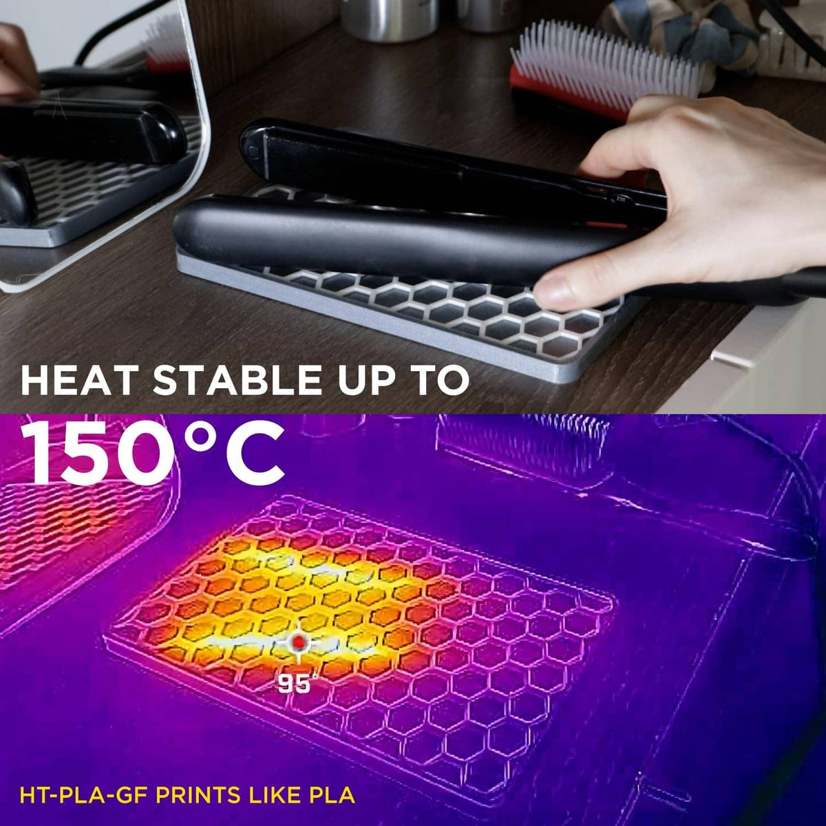 Heated printer bed showing a honeycomb pattern from heat-stable 3D printing filament