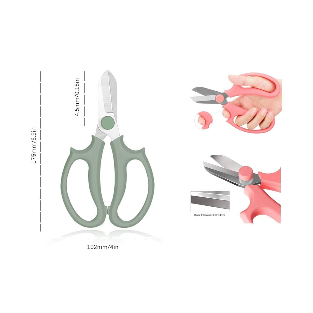 Green flower scissors with loop handles and two stainless steel cutting blades
