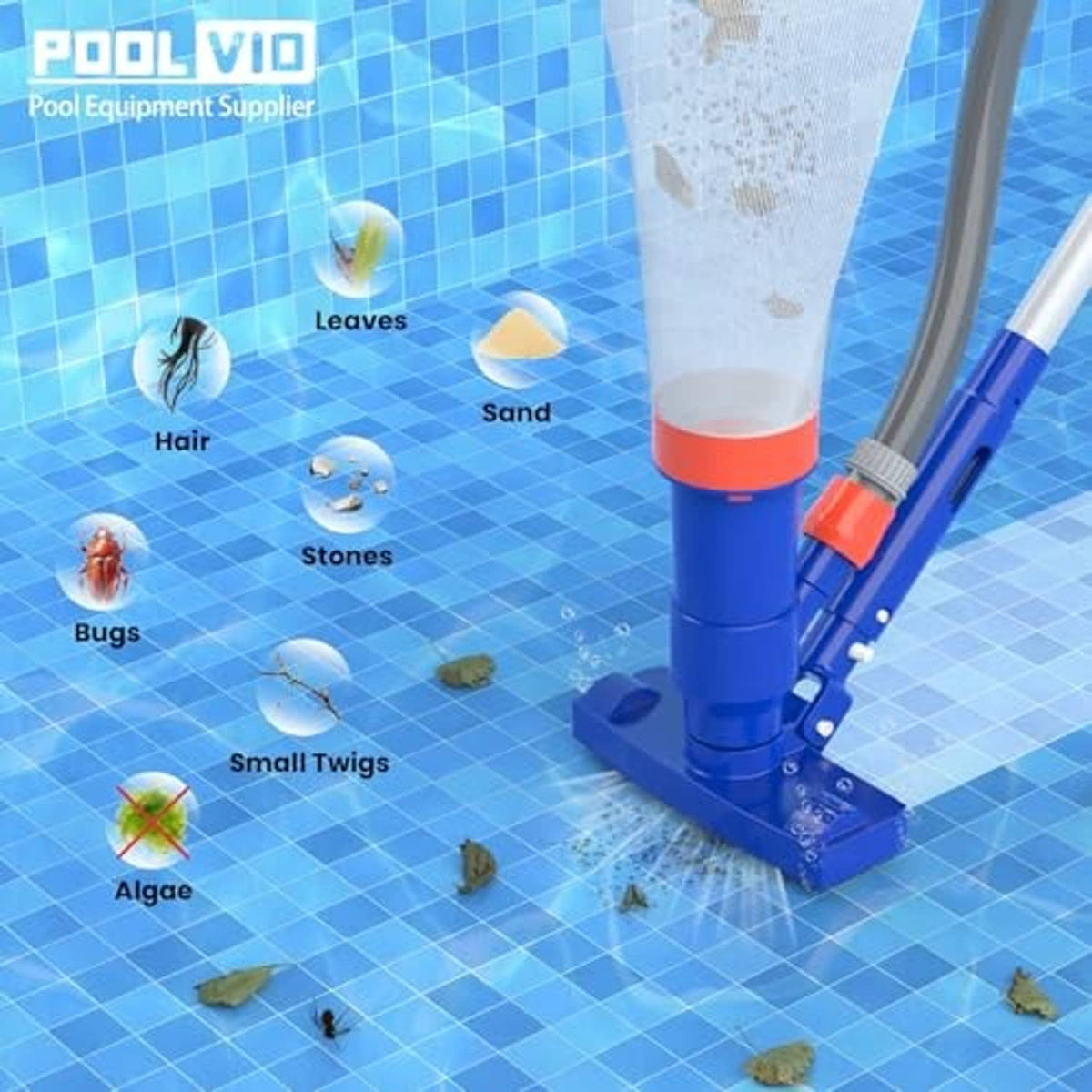 Pool vacuum skimmer base with blue handle removing leaves, sand, and small debris