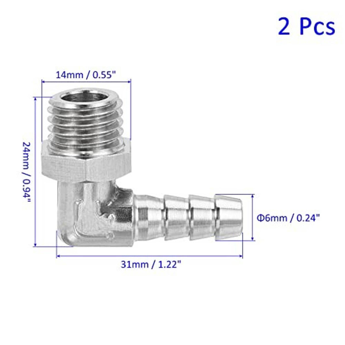 Nickel-plated 90° hose barb elbow fitting with outlined size measurements