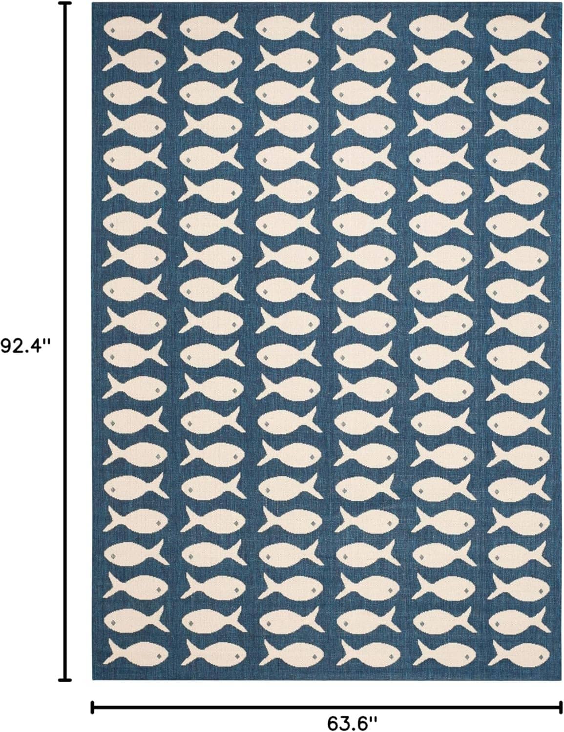 Navy outdoor rug with repeating beige fish motif, rectangular design.