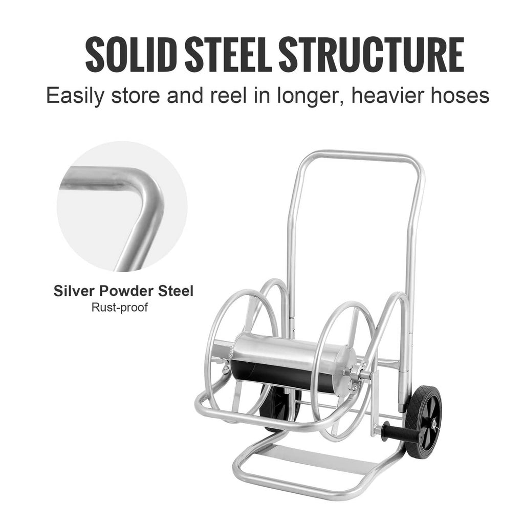 Silver steel hose reel cart with black hose drum and two side hose guides