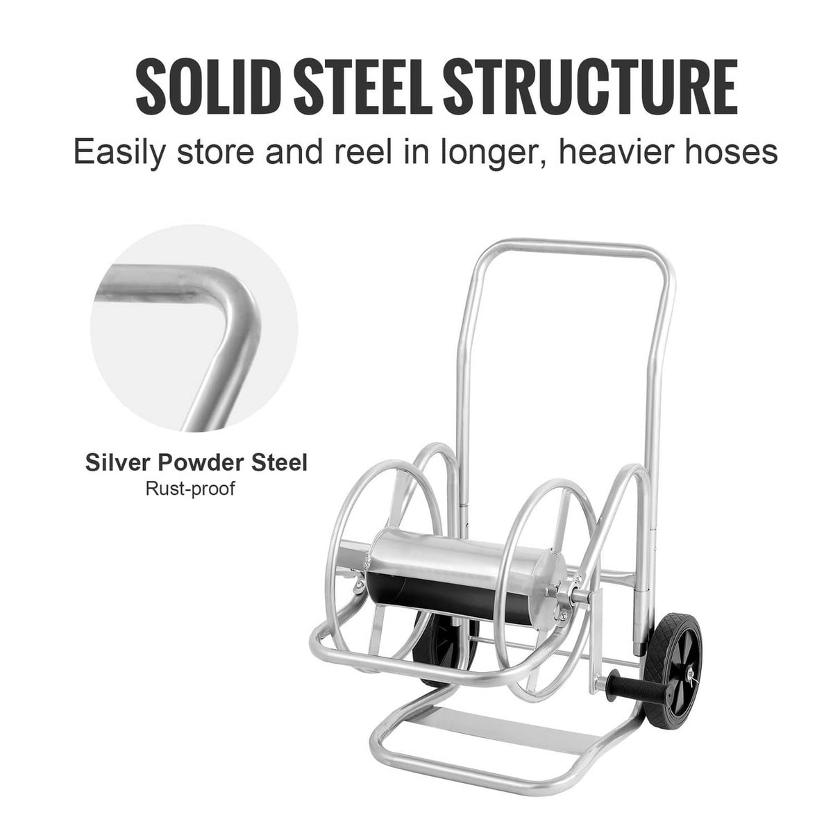 Silver steel hose reel cart with black hose drum and two side hose guides