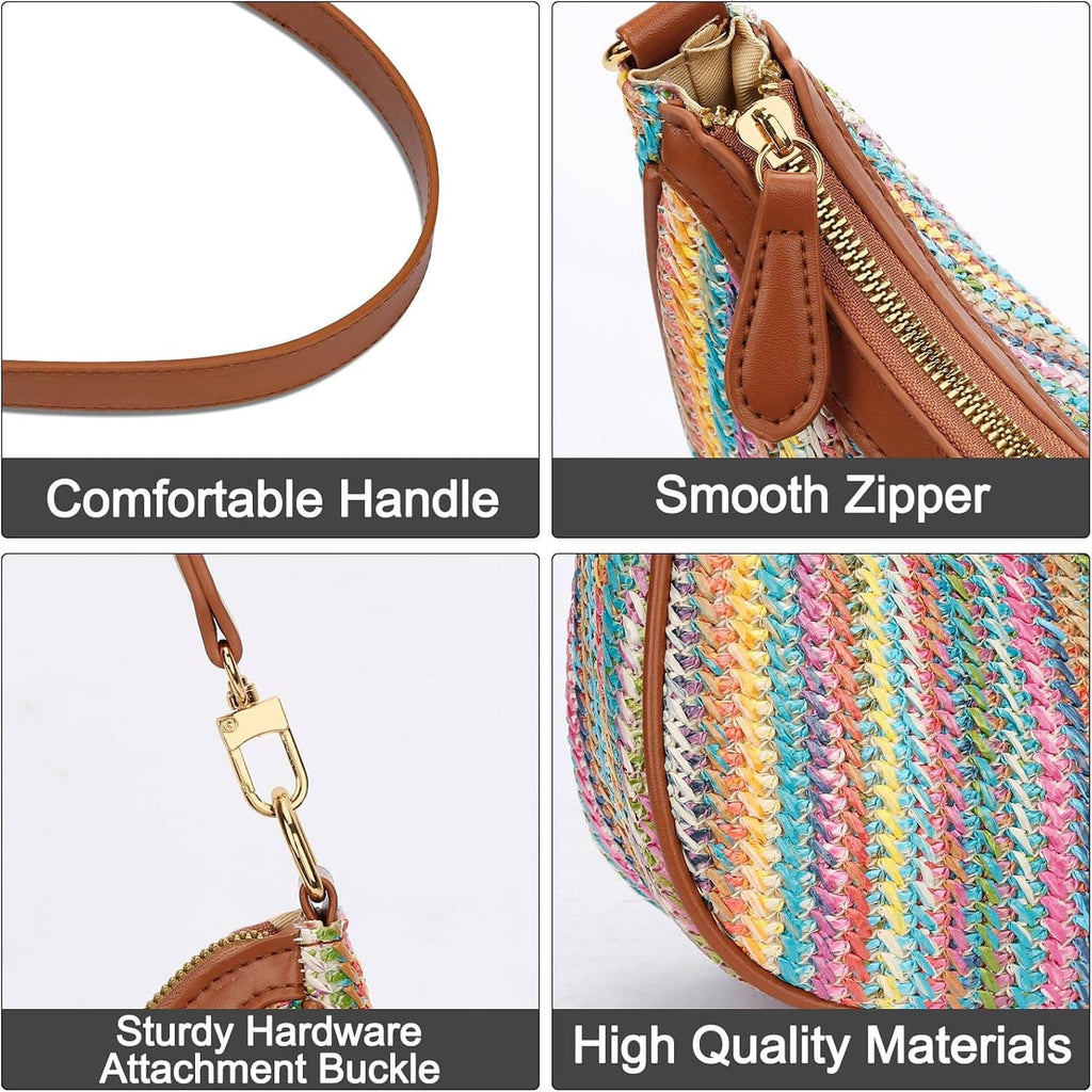 Brown-strap hobo bag with smooth zipper top and multicolor textured woven exterior.