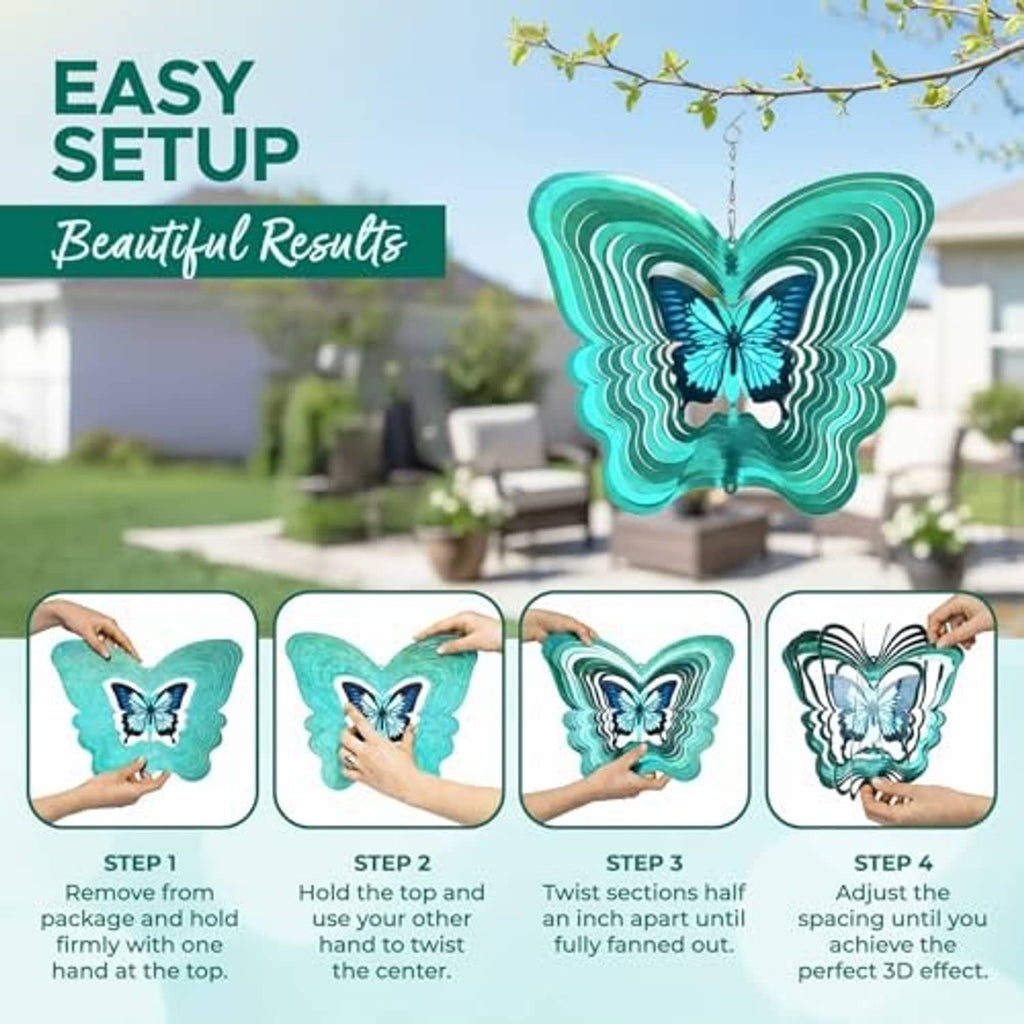 Turquoise butterfly wind spinner with hanging hook in an outdoor setting