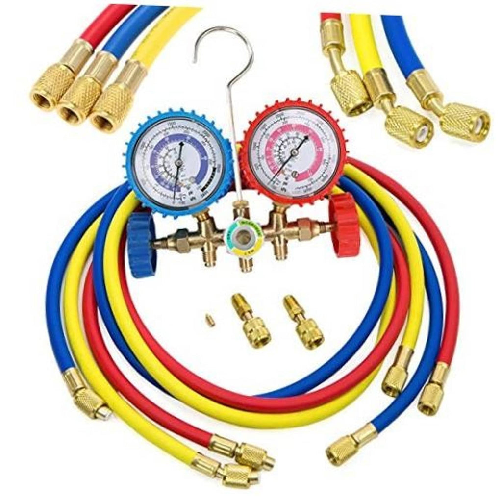 Refrigerant charging hoses with dual pressure gauges, brass connectors, and service valves