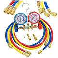 Refrigerant charging hoses with dual pressure gauges, brass connectors, and service valves