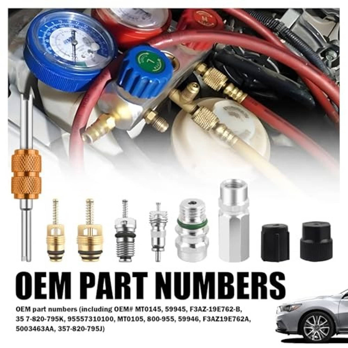 AC valve core kit components beside pressure gauge and refrigerant lines