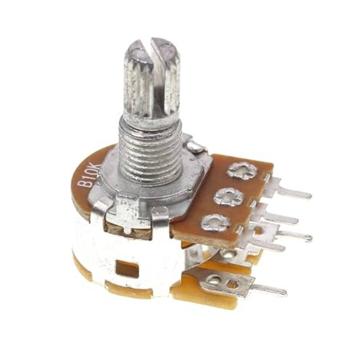 5-pin horizontal single-turn 10k potentiometer with metal shaft and mounting tabs