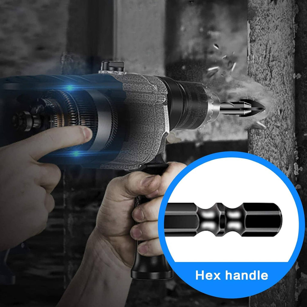Masonry drill bit drilling into brick with hex handle connection highlighted