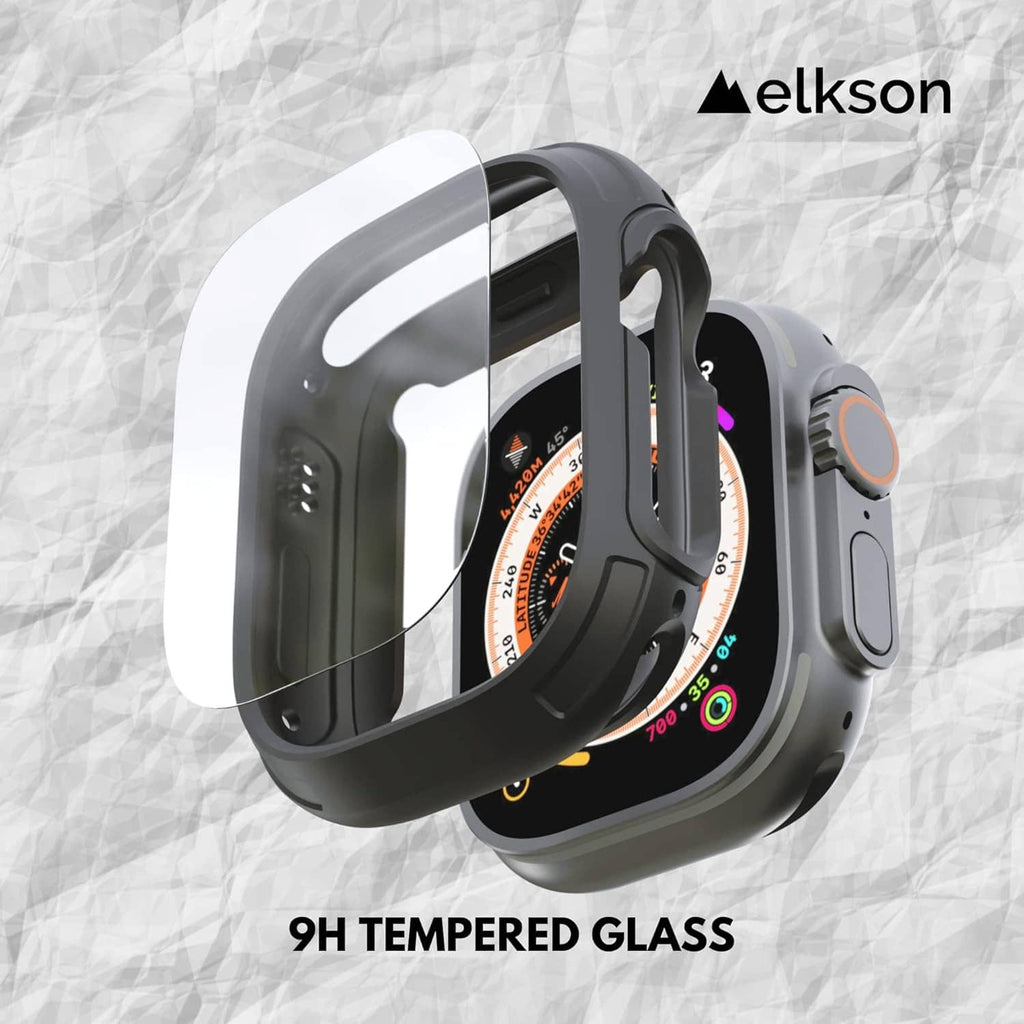 Dark gray Apple Watch Ultra bumper case with clear tempered glass screen cover