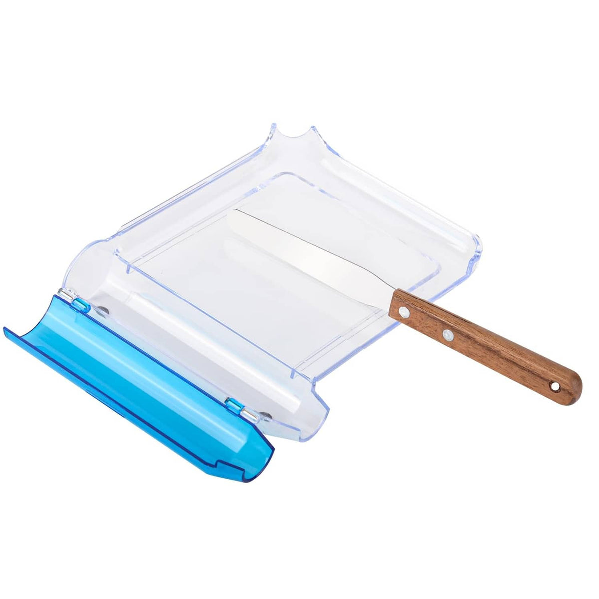 Pill counting tray with clear insert, blue side pusher, and wooden-handled spatula