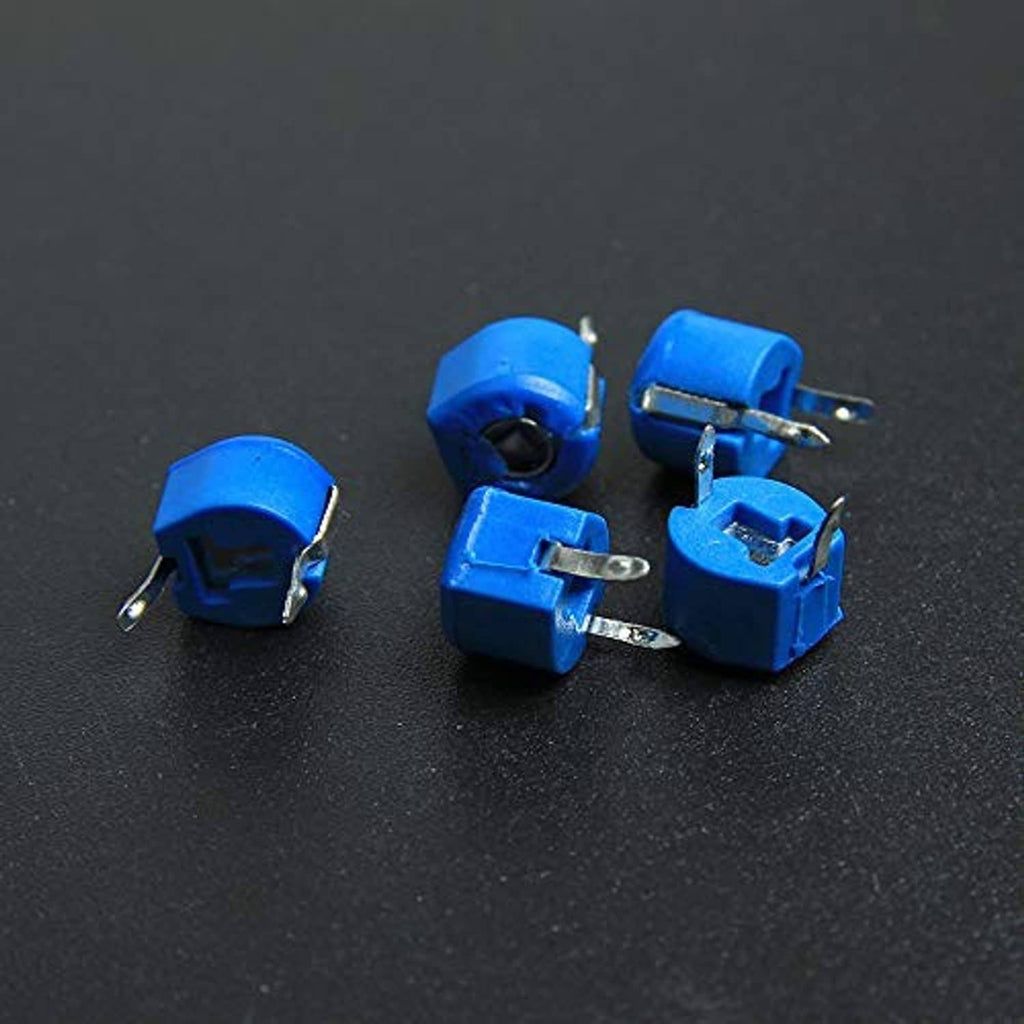Assorted blue trimmer capacitors with metal pins, round ceramic housings