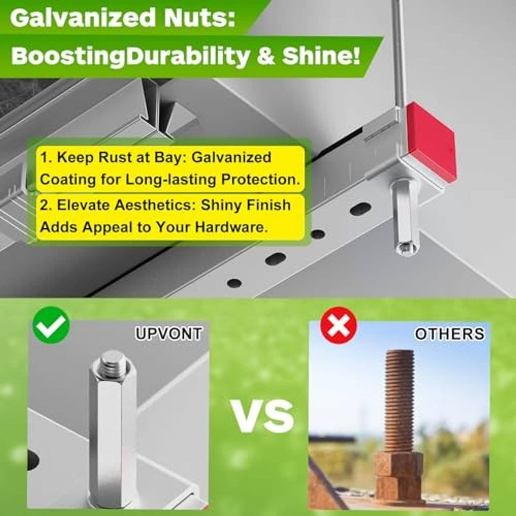 Silver galvanized hex coupling nut on metal bracket, threaded stud hole
