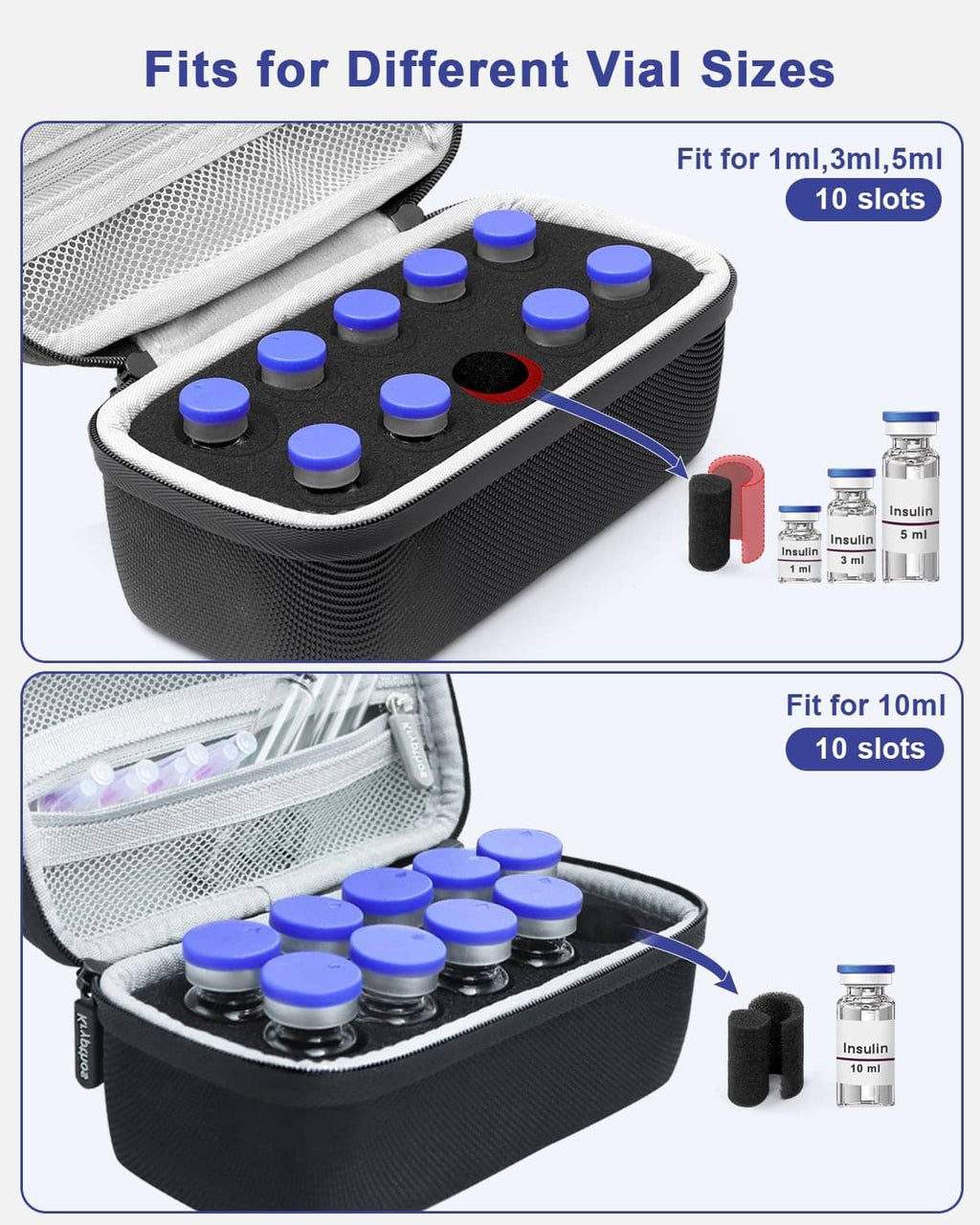 Insulin vial case opened with gray foam organizer and blue-capped 10 vial slots