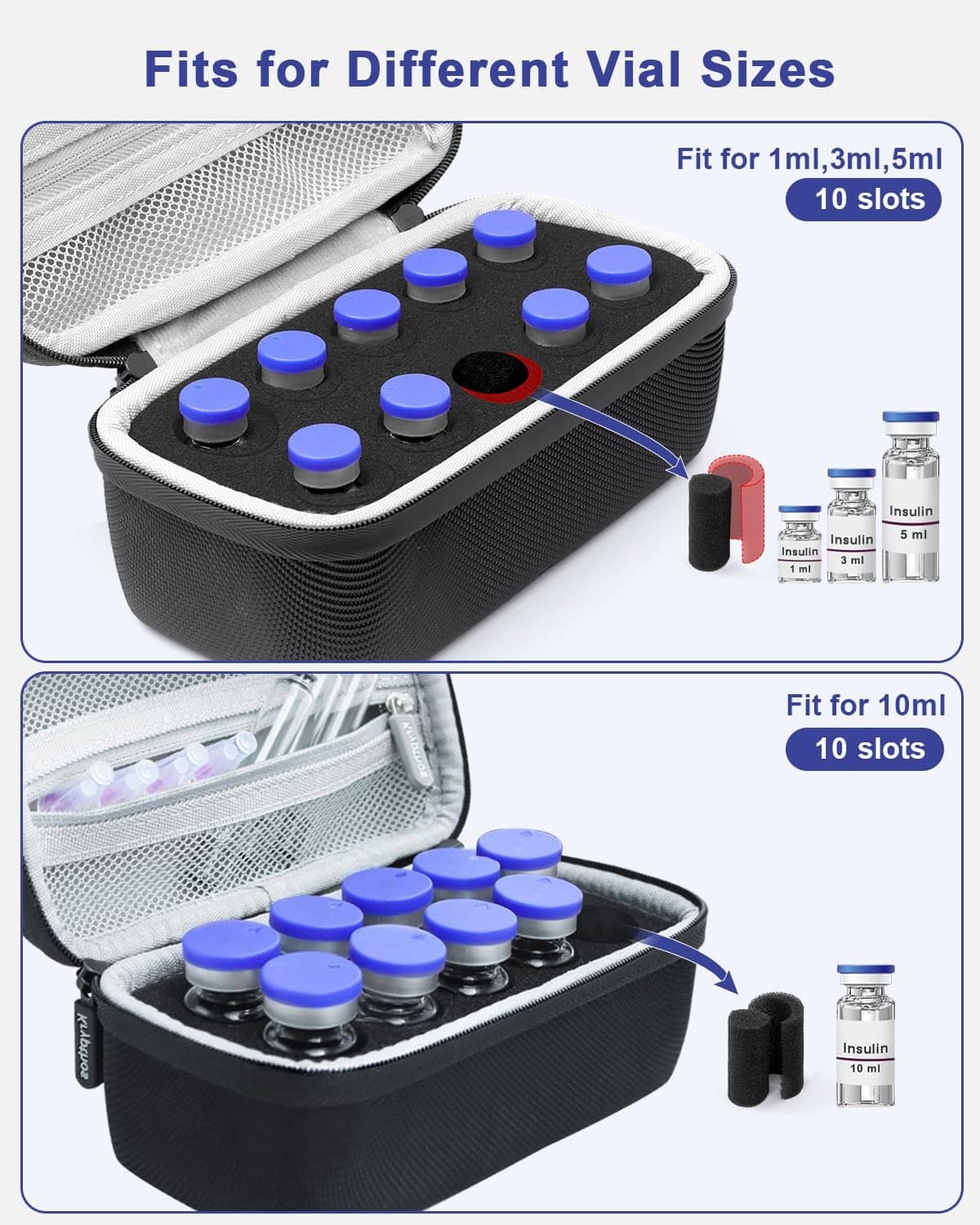 Insulin vial case opened with gray foam organizer and blue-capped 10 vial slots