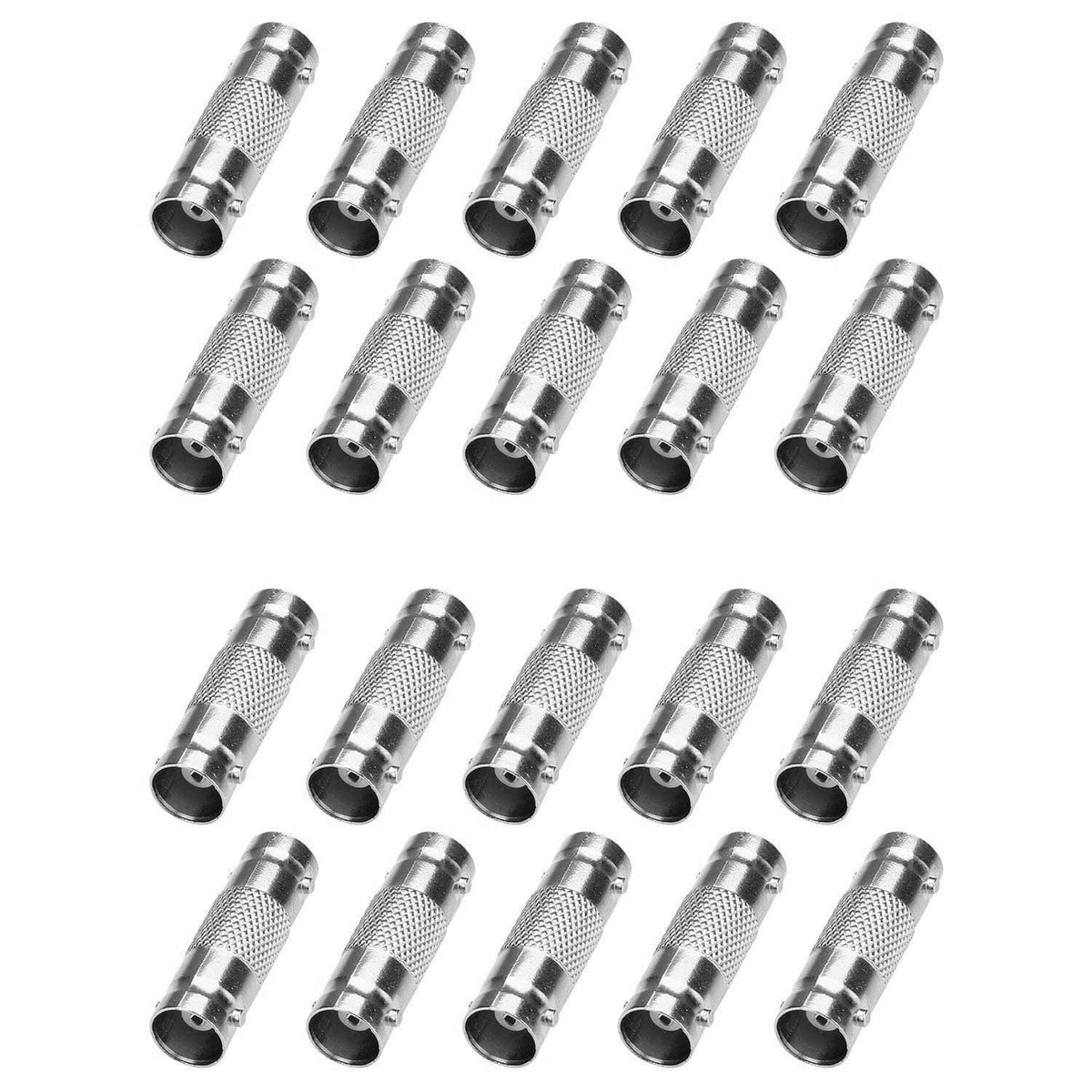 50-pack BNC barrel female-to-female coax connectors with knurled metal ends