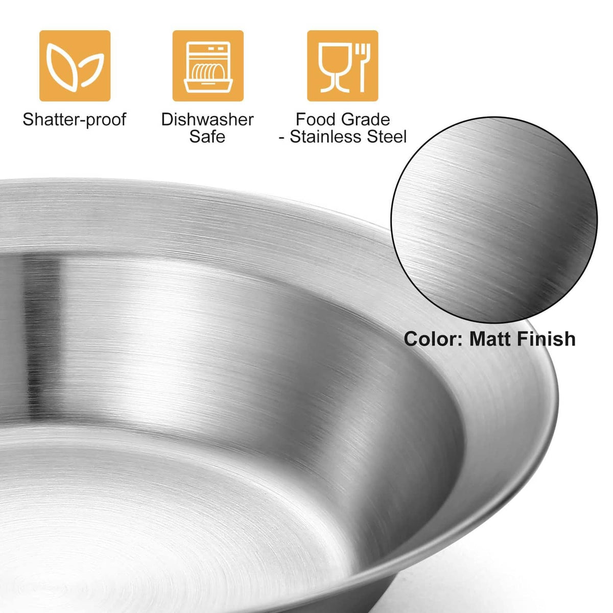 Stainless steel bowl with brushed matte finish, food-grade mess kit surface