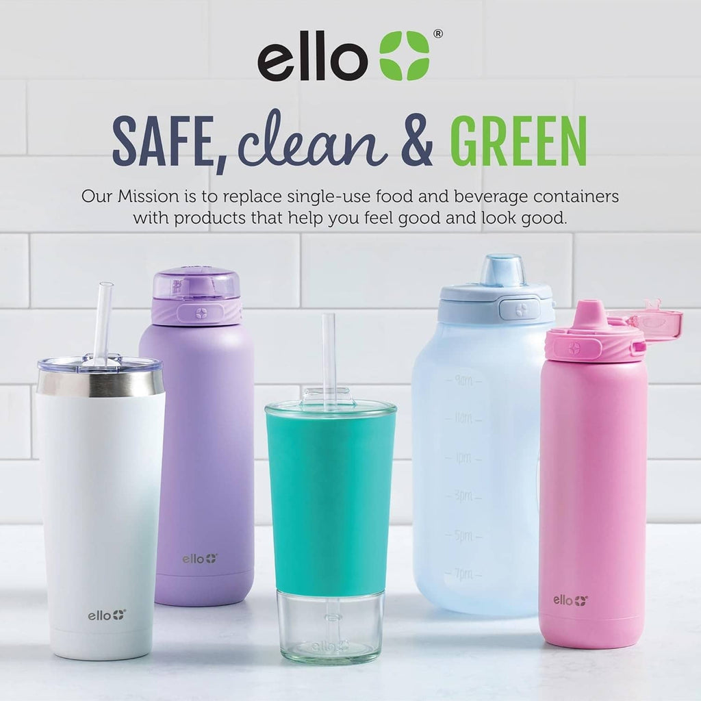 Reusable drink bottles set in lavender, teal, pink, and white with ello logo