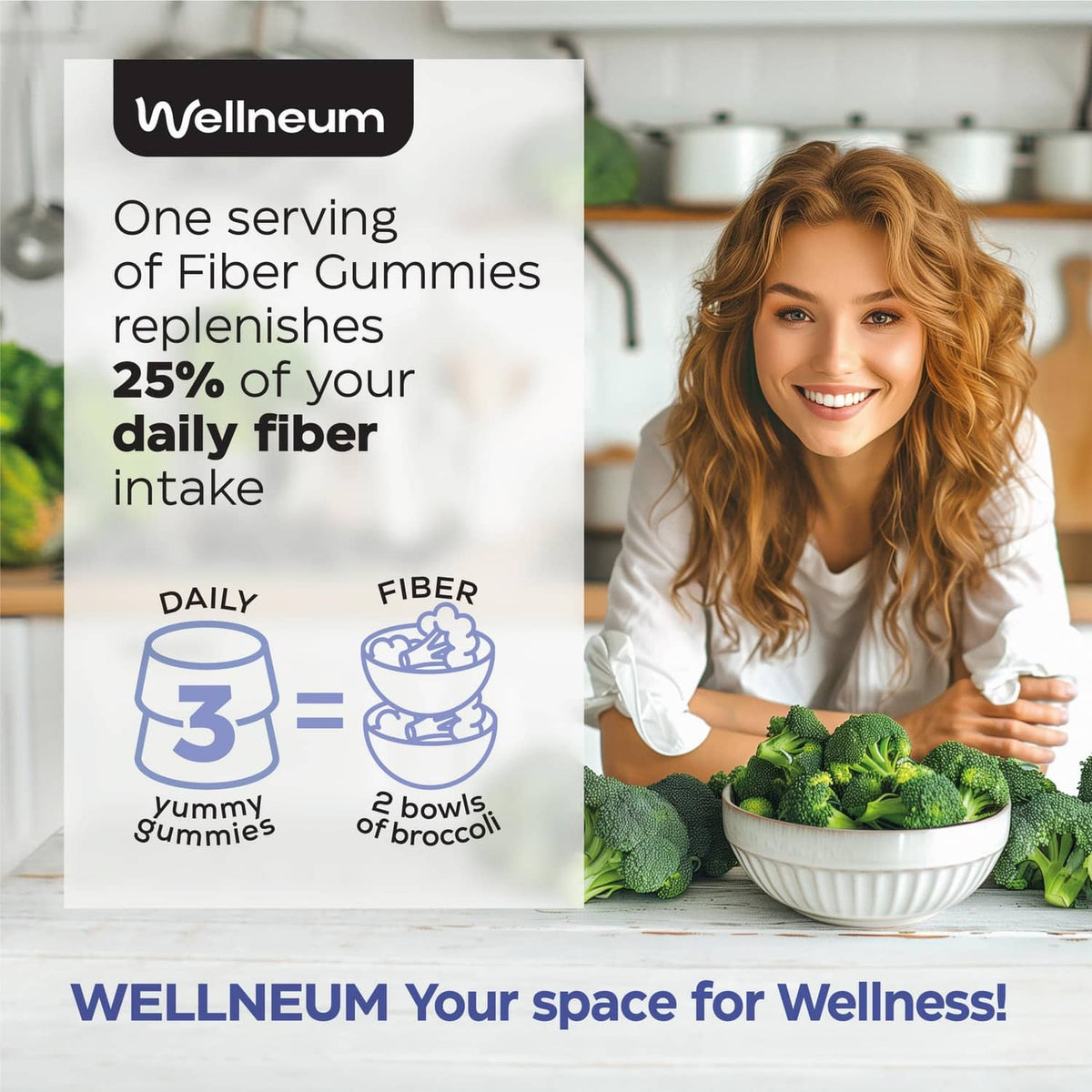 Wellneum prebiotic fiber gummies bottle beside smiling woman holding greens