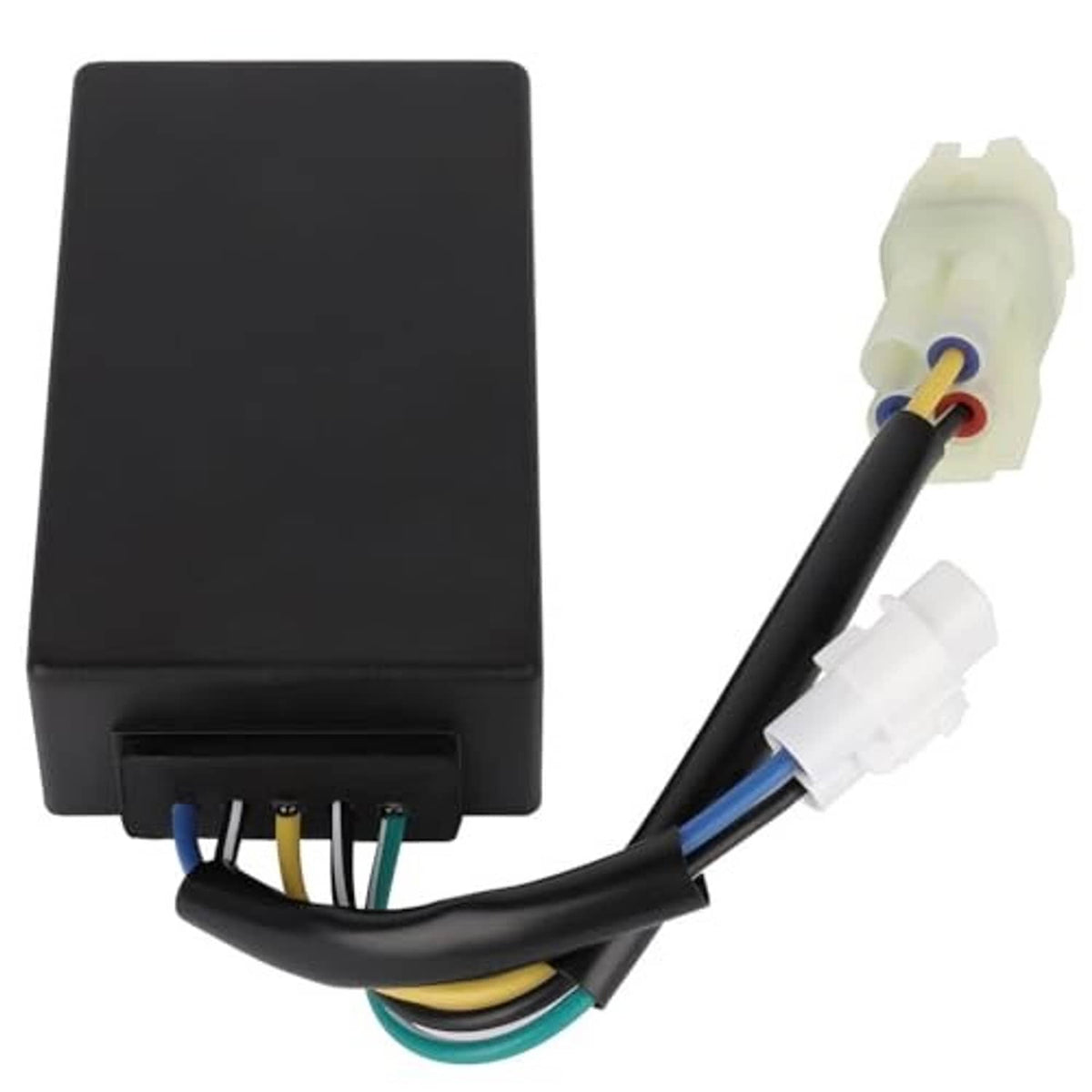 Black ignition control module with wiring harness and white multi-pin connectors