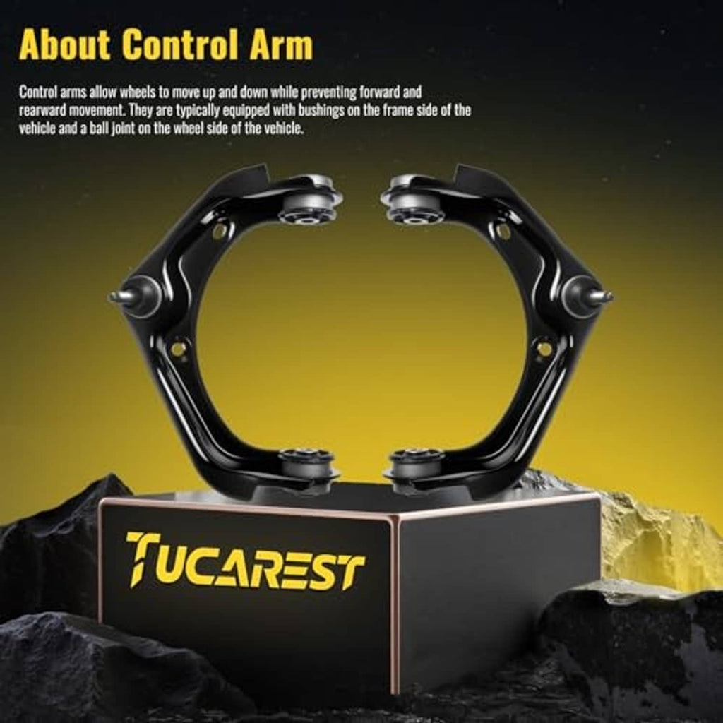 Two-piece front upper control arms with ball joints, black, on product box