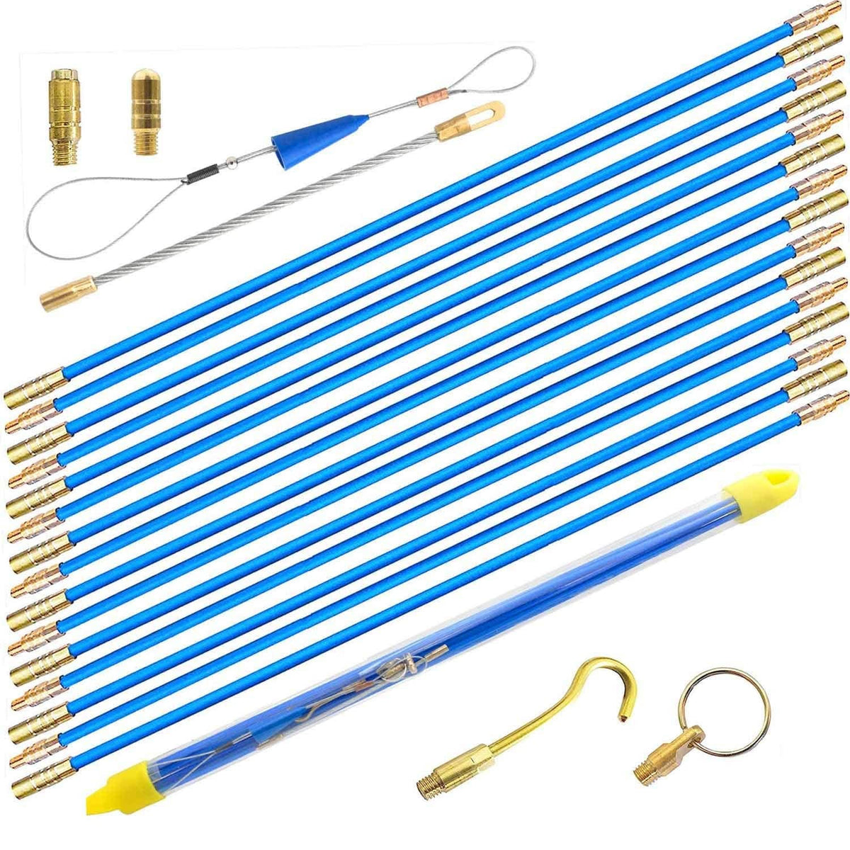 Bundle of fiberglass cable puller rods with blue shafts and brass connector ends