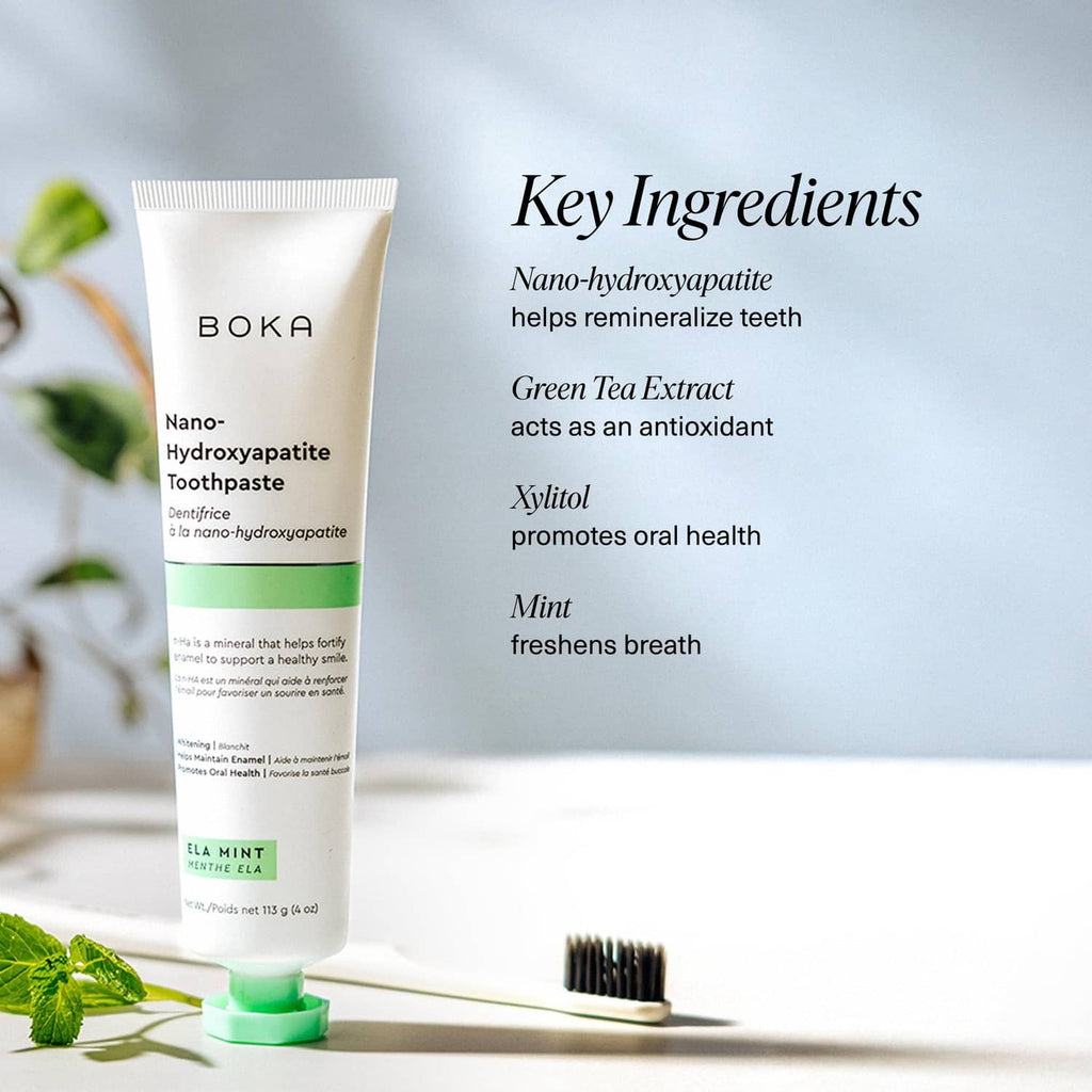 Fluoride-free nano-hydroxyapatite toothpaste tube with mint ELA mint, key ingredients text