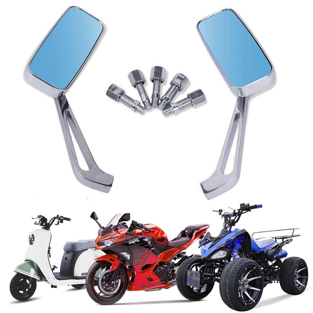 Chrome motorcycle rearview mirrors set with blue-tinted glass and mounting screws