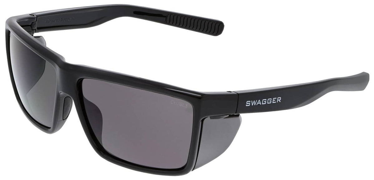 Safety glasses with black frame and gray tinted lens, wraparound style