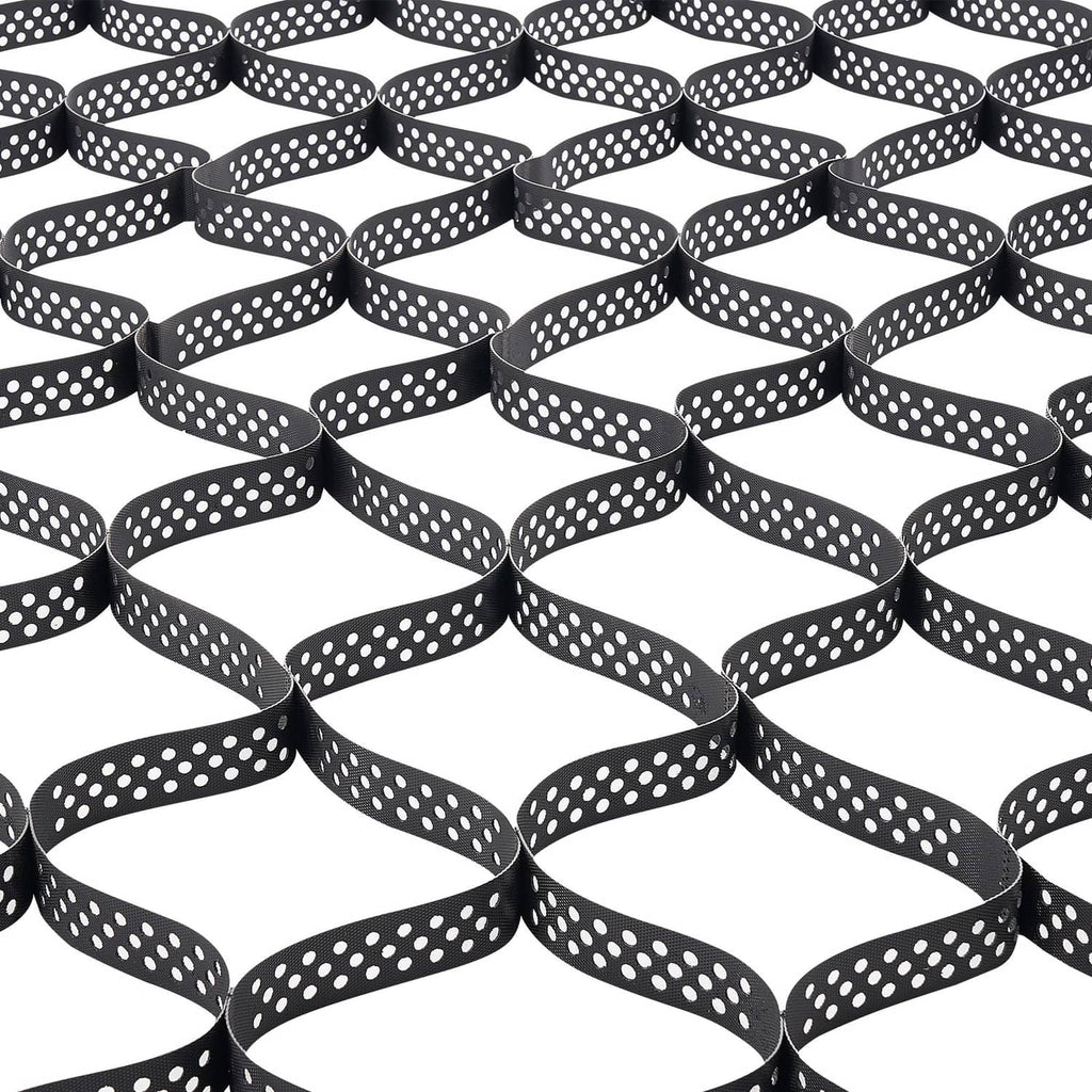 Black perforated HDPE geocell grid rolls stacked with interlocking straps.