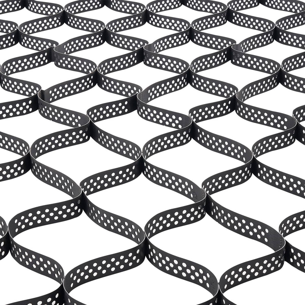Black perforated HDPE geocell grid rolls stacked with interlocking straps.