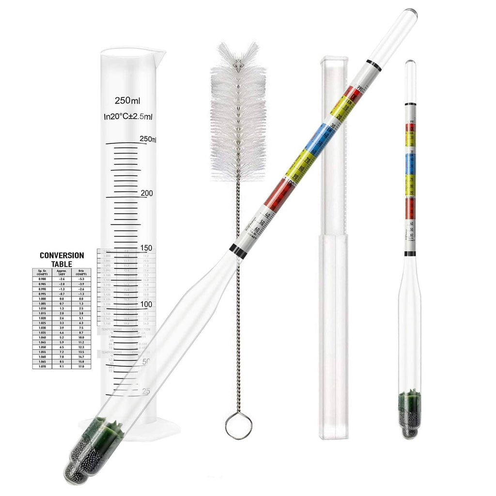 Triple scale alcohol hydrometer set with 250 ml measuring cylinder and two hydrometers