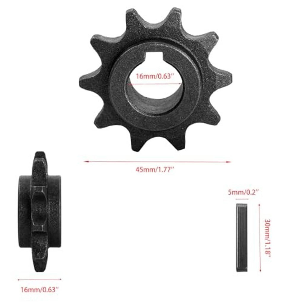10-tooth sprocket gear dimensions shown: 16mm bore, 45mm width, 5mm thickness, 30mm height