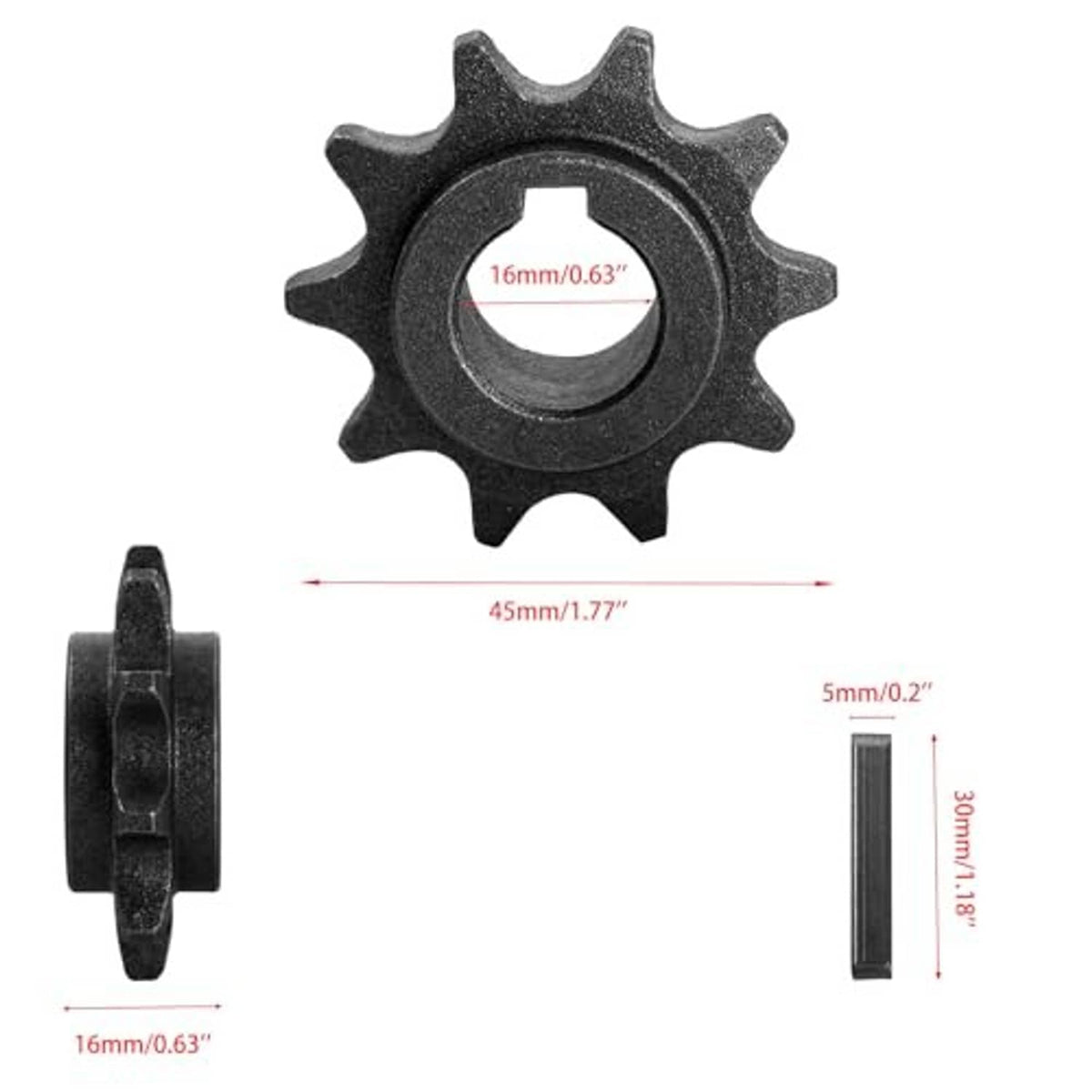 10-tooth sprocket gear dimensions shown: 16mm bore, 45mm width, 5mm thickness, 30mm height
