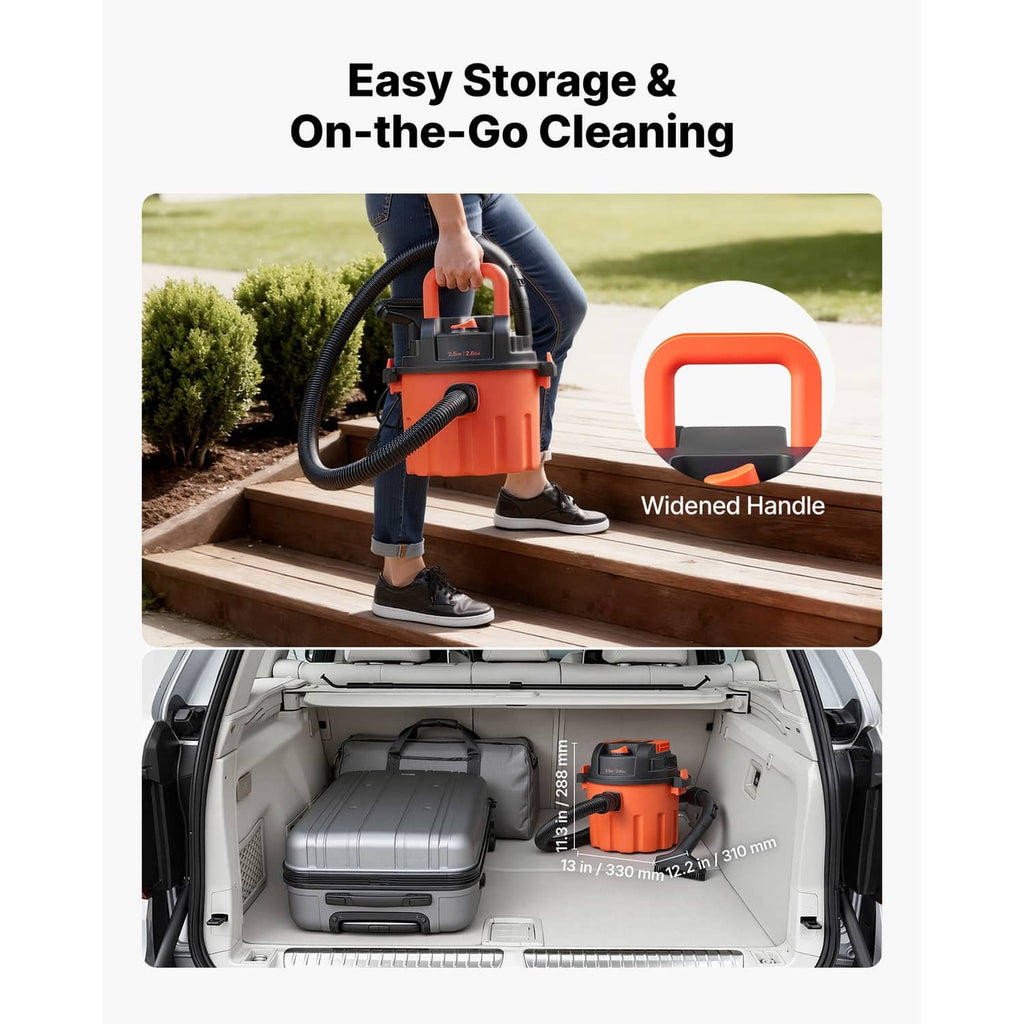 Orange portable shop vacuum with wider handle, shown for easy on-the-go cleaning